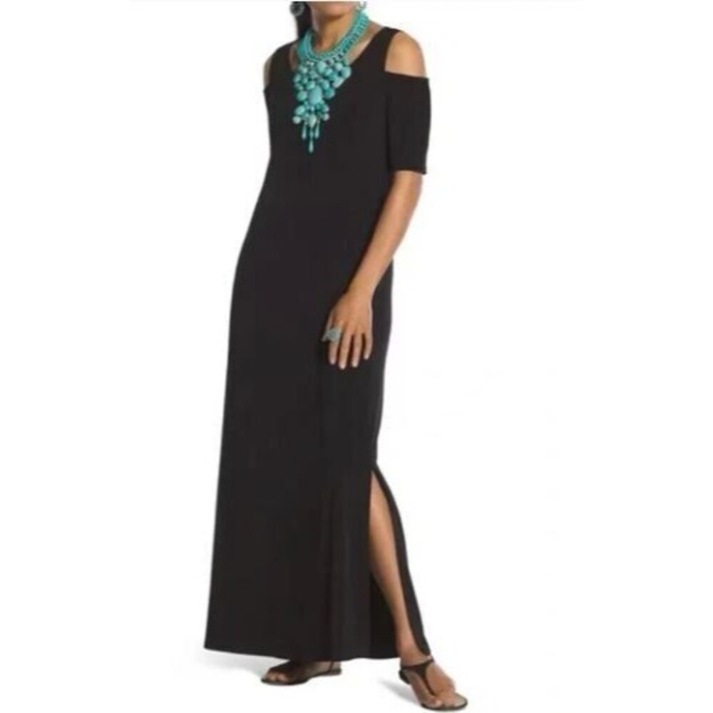 Chico’s Cold Shoulder Navy Stretch Knit Maxi Dress Size 1 (Medium/8)